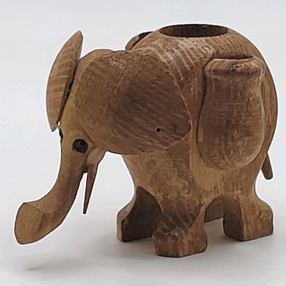 Vintage‎ Hand Carved Wooden Elephant Toothpick Holder Small Safari Decor